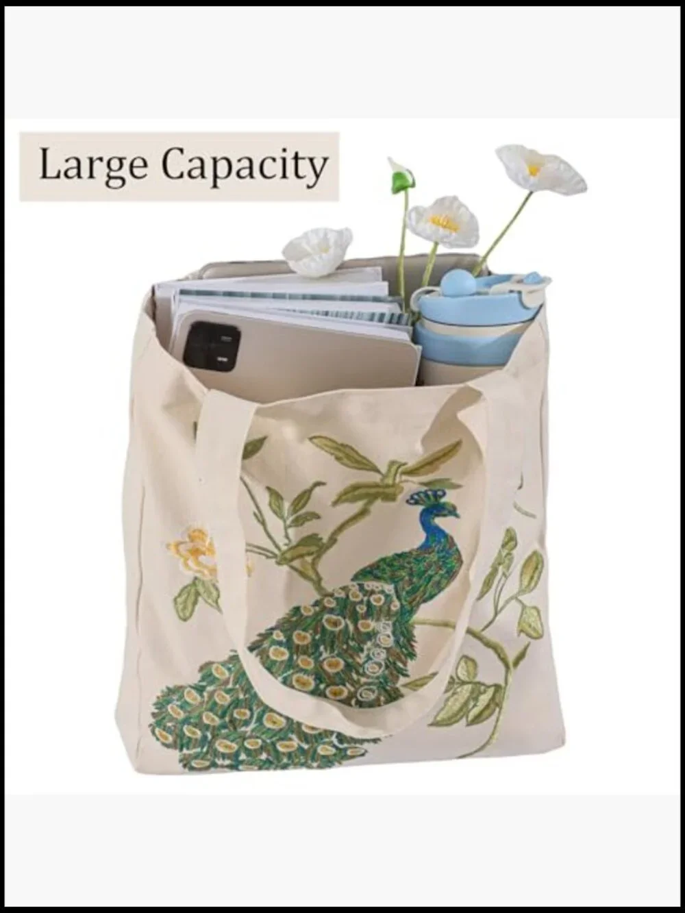 Embroidered Canvas Tote Bag Large Reusable Shopping Shoulder Gym Grocery